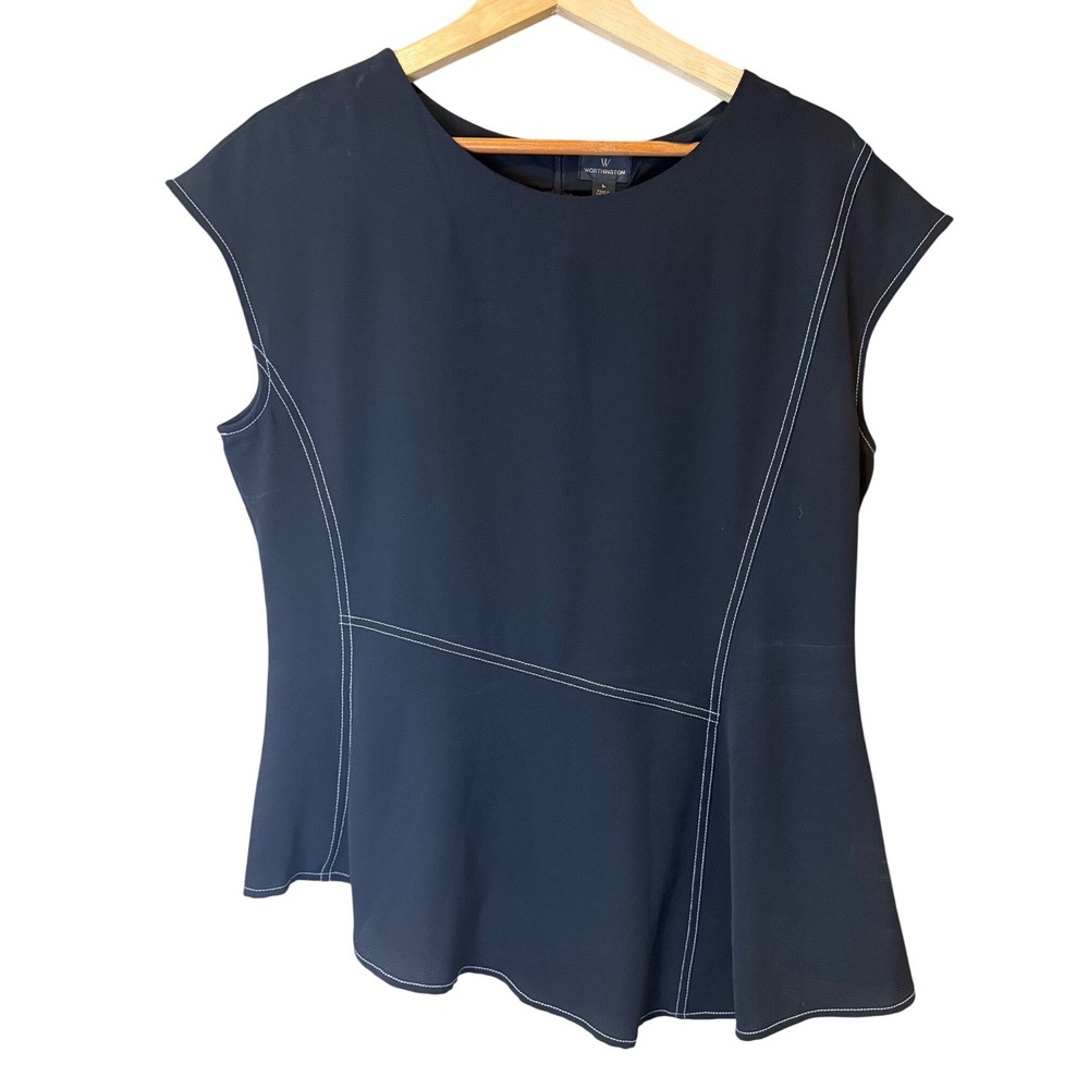 Worthington Womens Black Contrast Stitch Asymmetric Peplum Top Cap Sleeve L